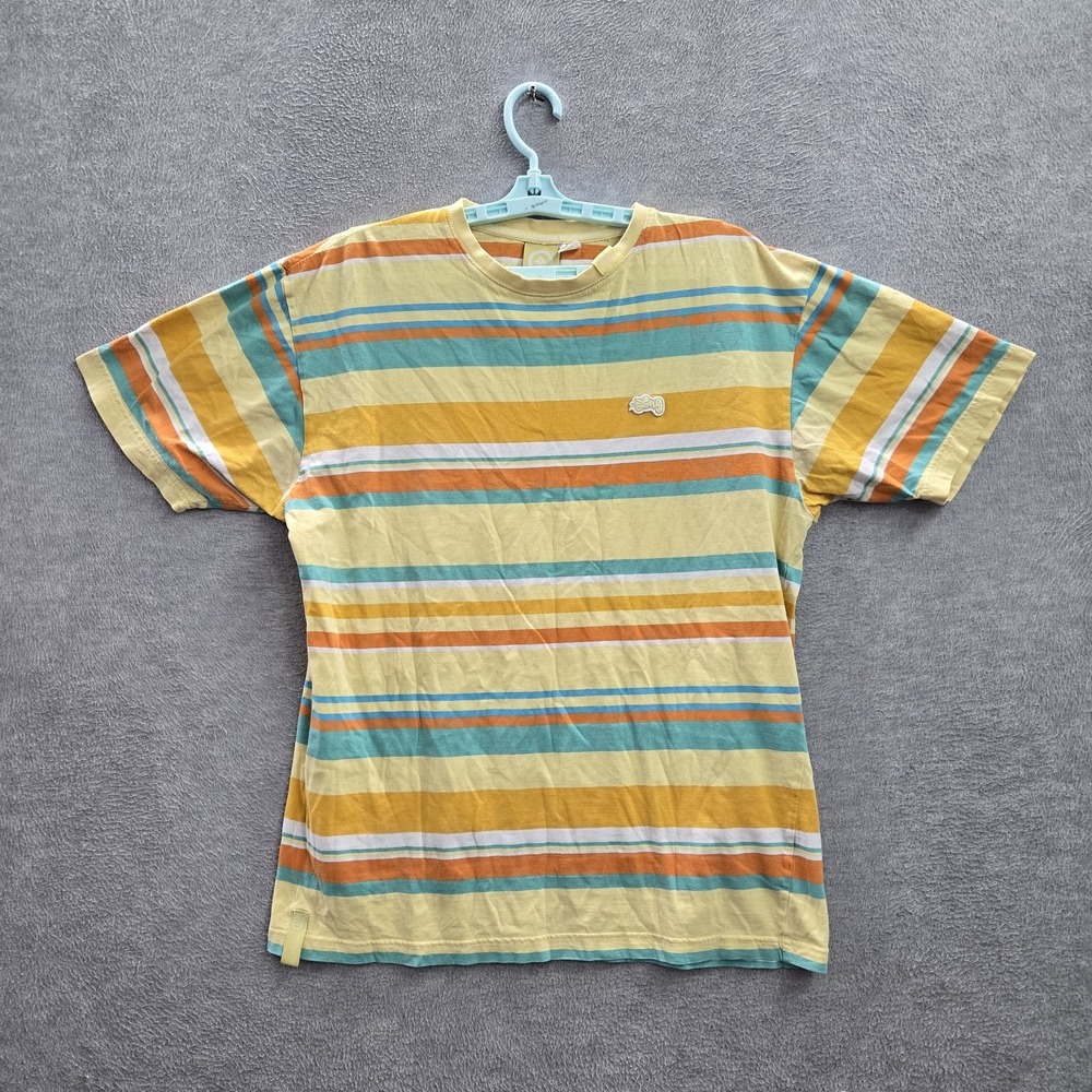 LRG Men Shirt L Yellow Striped Logo Patch Embroidered Short Sleeve Crew Neck Tee